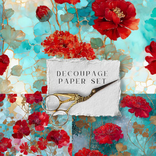 Juego de Papel de Decoupage Floral Rojo Rústico Vi