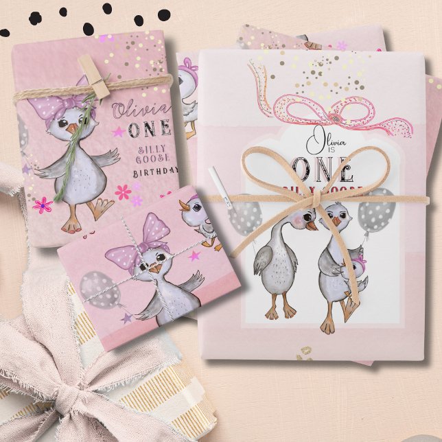 Juego de papel de envolvimiento de cumpleaños de S (Silly Goose 1st Birthday Wrapping Paper Set)