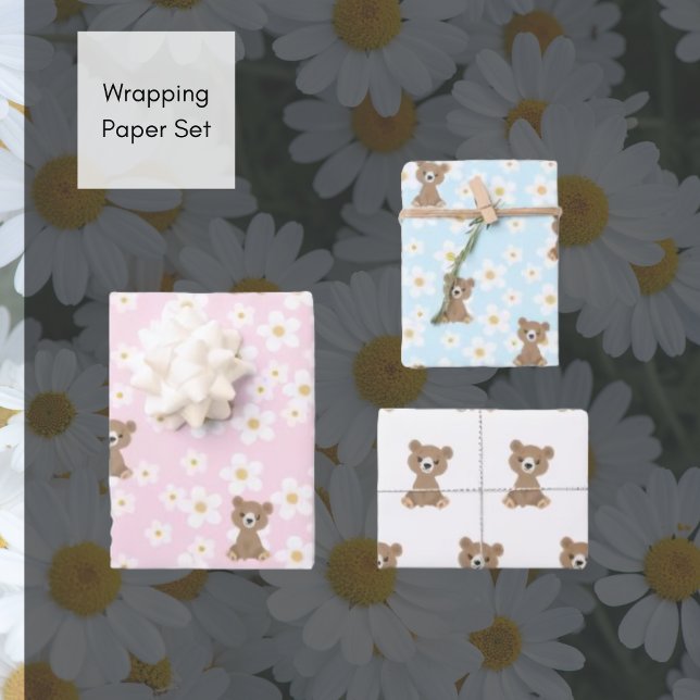 Juego de Papel de envolvimiento de margarita flora (Baby Bear Daisy Wrapping Paper Set)