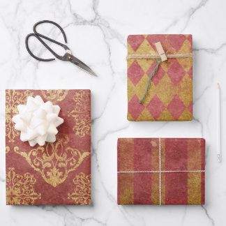 Juego de papel de envolvimiento de oro y rojo vint