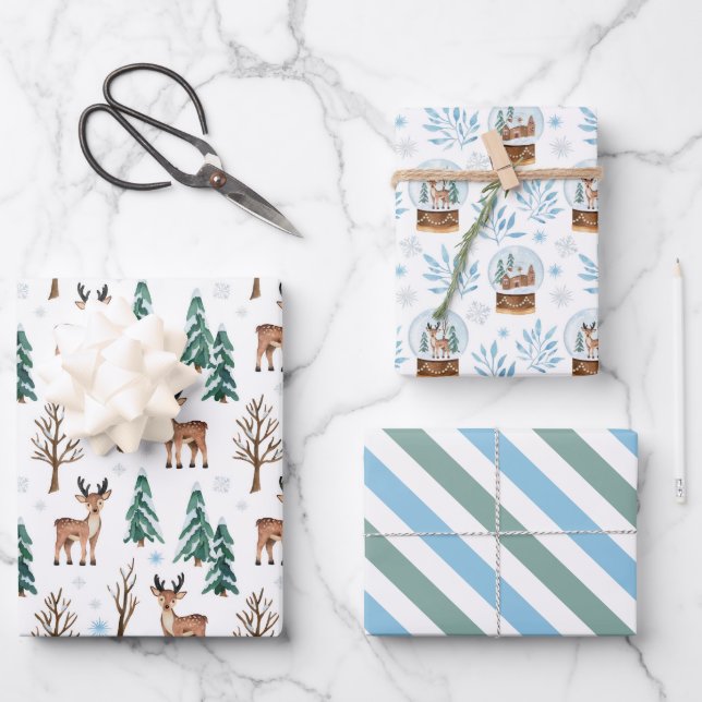 Juego de papel de envolvimiento de renos y nevadas (Anverso)