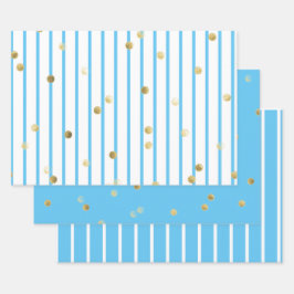 Juego de papel de envolvimiento - Tiras de oro azu