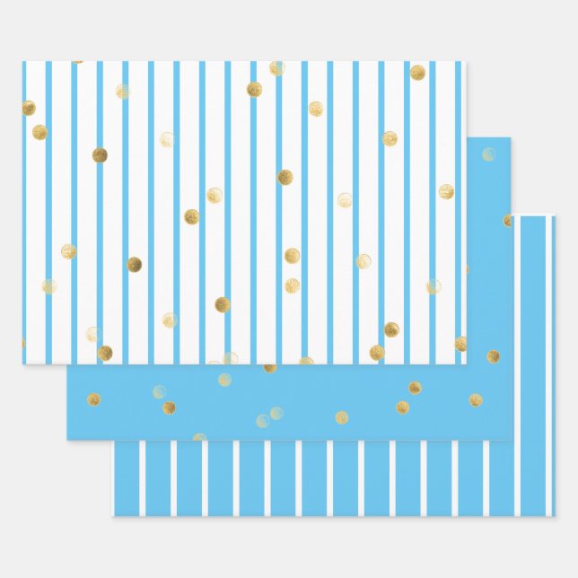 Juego de papel de envolvimiento - Tiras de oro azu (Set)