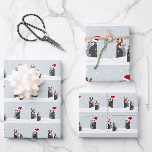 Juego de papel de regalo con pingüinos navideños (Anverso)
