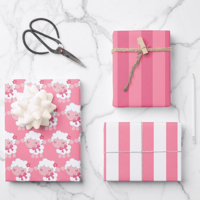 Juego de Papel de Regalo de Cordero Rosa (Anverso)