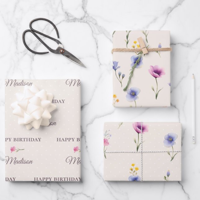 Juego de Papel de Regalo de Cumpleaños con Flores  (Anverso)
