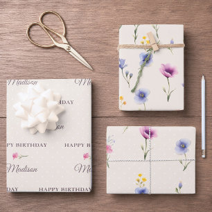 Juego de Papel de Regalo de Cumpleaños con Flores