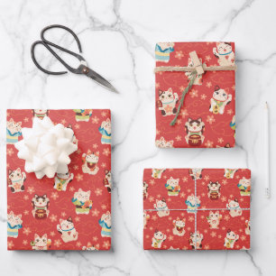 Juego de Papel de Regalo de Gatos Maneki Neko Afor