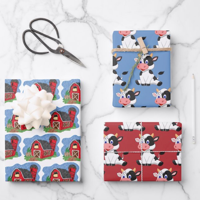 Juego de Papel de Regalo de Granero Rojo y Vaca (Anverso)