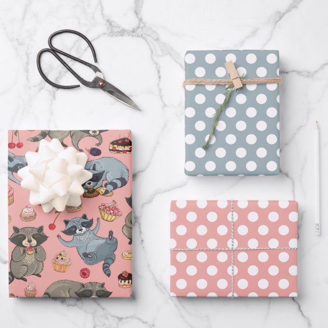 Juego de Papel de Regalo de Mapaches y Postres (Anverso)