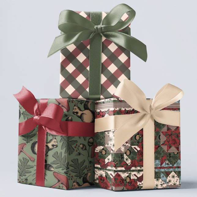 Juego de Papel de Regalo de Navidad Forestal con P (Modern Cottage Christmas Patchwork Design with Winter Forest Aniimals: Rabbit, Squirrel, Cardinal. )