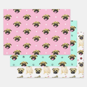 Juego de papel de regalo de perro Pug