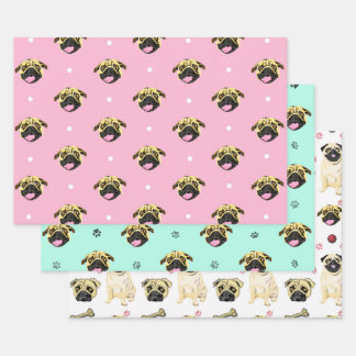 Juego de papel de regalo de perro Pug