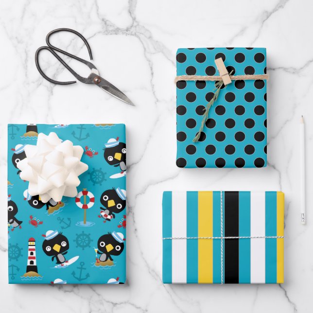 Juego de Papel de Regalo de Vida Marina de Pingüin (Anverso)