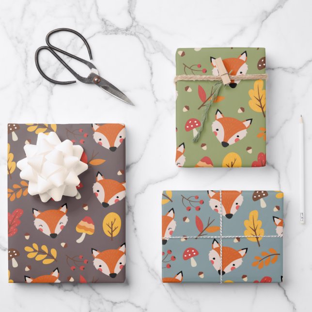 Juego de Papel de Regalo de Zorros de Otoño (Anverso)