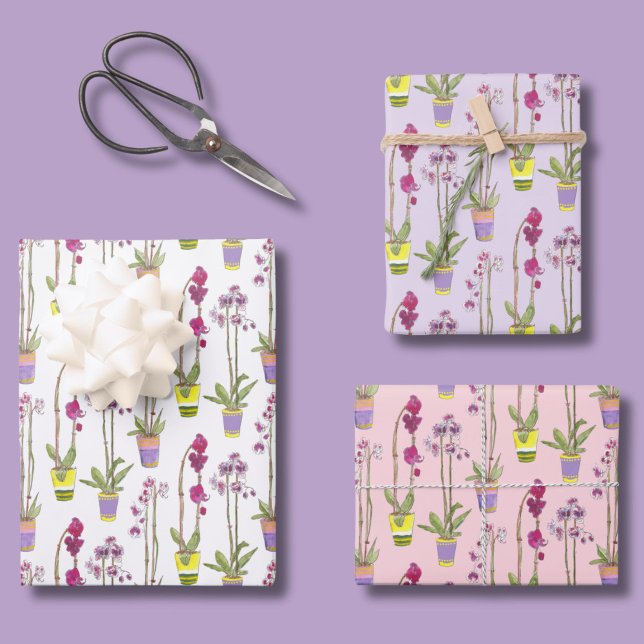 Juego de Papel de Regalo Floral Caprichoso Orquíde (This orchid gift wrap features my own hand drawings of colorful potted orchid plants.)
