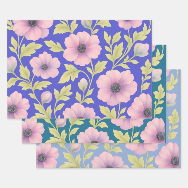 Juego de Papel de Regalo Floral Pastel | 3 Diseños (Set)