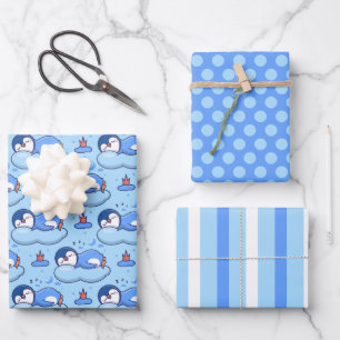Juego de Papel de Regalo Pingüino Dormido Baby Blu