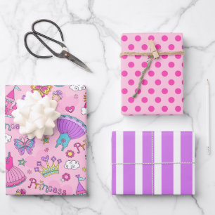 Juego de Papel de Regalo Princesa Lunares y Rayas