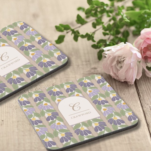 Juego de Posavasos Botánicos Antiguos con Monogram (Monogrammed Floral Coaster By Blissful Learning)
