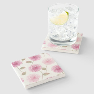Juego de posavasos de piedra con rosa rosa