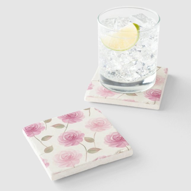 Juego de posavasos de piedra con rosa rosa (Lateral)