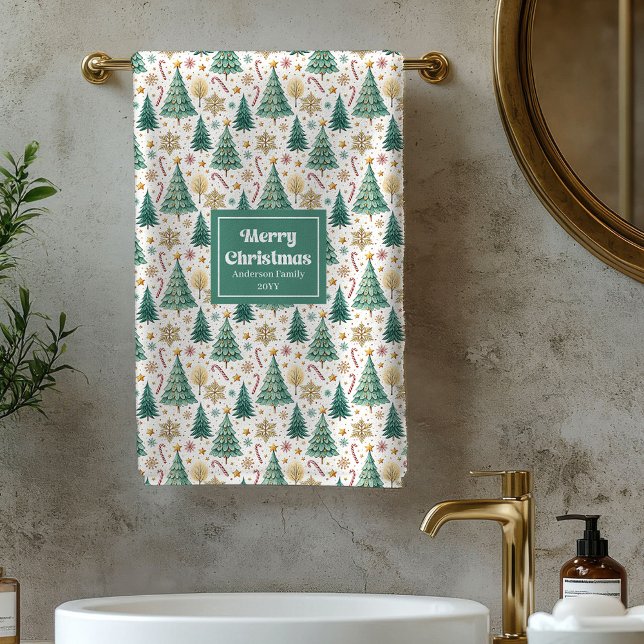 Juego de toalla de baño de árbol de Navidad de mod (Trendy Christmas trees candy cane bath towel set)