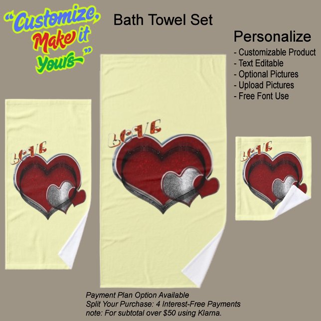 Juego de toallas amarillas para el corazón mágico (Heart Magic Bathroom Towel Set Featuring a Yellow Background.)