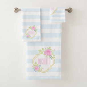 Juego de toallas de arándano azul de rosas rosadas