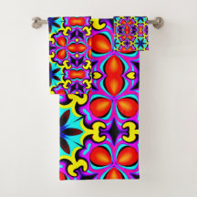 Juego de toallas de baño amarillas y rojas