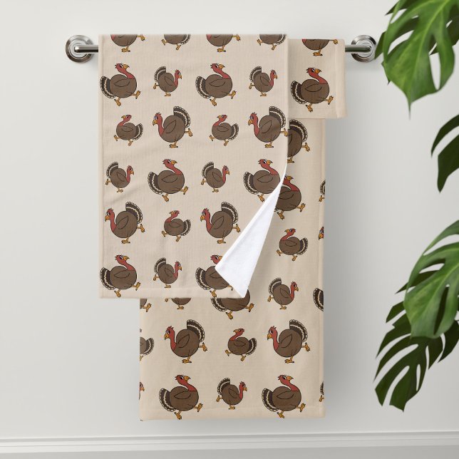 Juego de toallas de baño con el patrón de baño de  (A fun turkey pattern bath towel set to spruce up your Thanksgiving bathroom decor)
