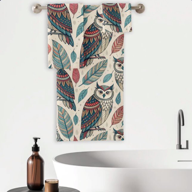 Juego de toallas de baño con estampado boho de búh (Subido por el creador)