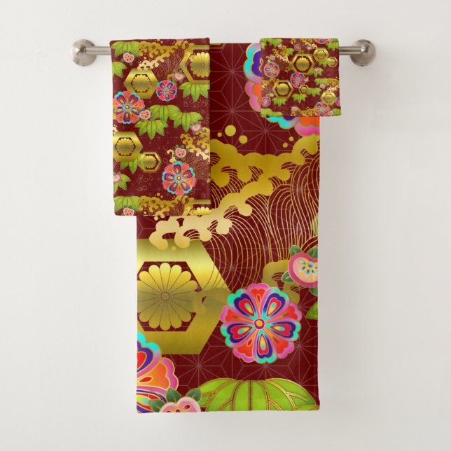 Juego de toallas de baño con motivos de jurokugiku (In situ)
