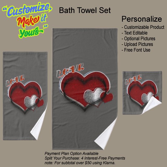 Juego de toallas de baño de carbón vegetal Heart M (Heart Magic Bathroom Towel Set Featuring a Gray Background.)