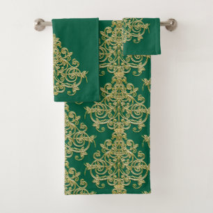 Juego de toallas de baño de damasco dorado y verde