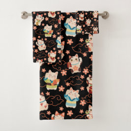 Juego de toallas de baño de gatos Maneki Neko afor