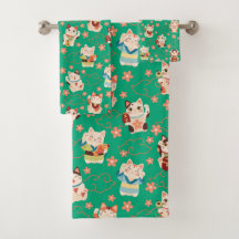 Juego de toallas de baño de gatos Maneki Neko afor
