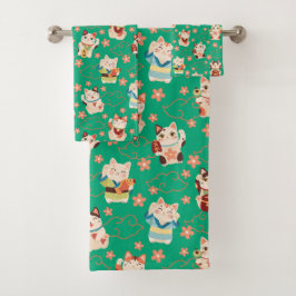 Juego de toallas de baño de gatos Maneki Neko afor