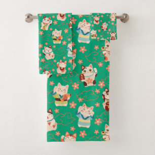Juego de toallas de baño de gatos Maneki Neko afor