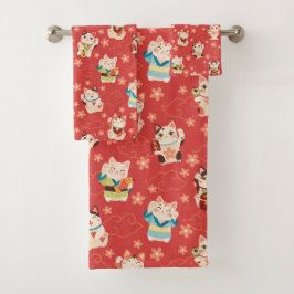 Juego de toallas de baño de gatos Maneki Neko afor