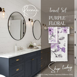 Juego de toallas de baño florales moradas y blanca