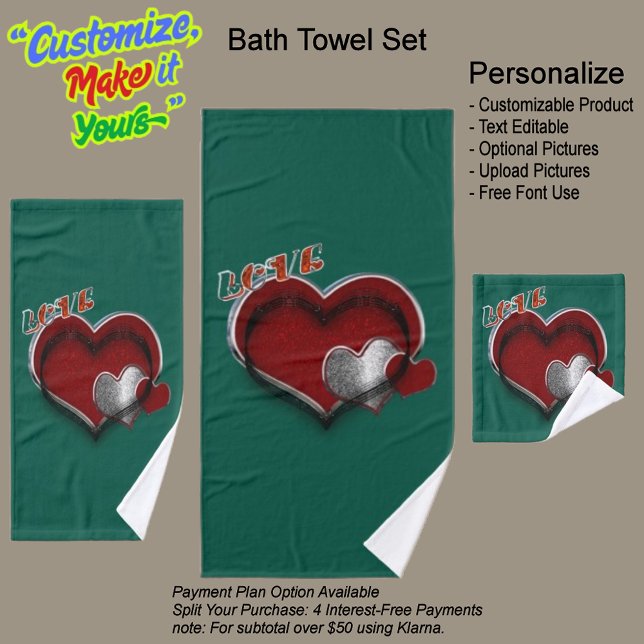 Juego de toallas de baño Heart Magic Dark Green (Heart Magic Bathroom Towel Set Featuring a Dark Green Background.)
