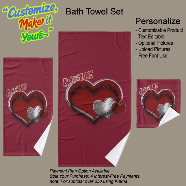 Juego de toallas de baño Heart Magic Maroon (Heart Magic Bathroom Towel Set Featuring a Maroon Background.)