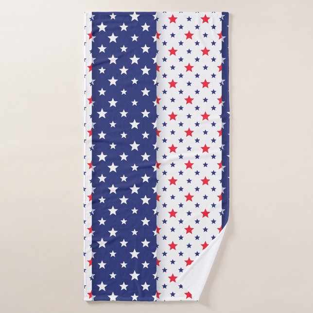 Juego de toallas de baño para estrellas estadounid (A vibrant beach towel featuring alternating red, white and blue stars. )