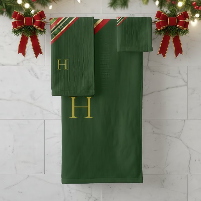 Juego de toallas de baño para Navidades de Monogra (Gold Red Green Monogram Striped Christmas Bathroom Towel Set)