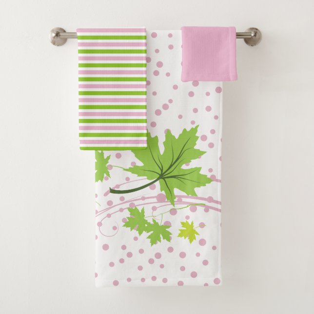 Juego de toallas de baño rosa verde de hojas de ar (In situ)