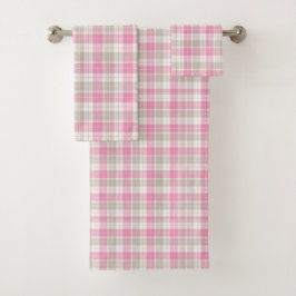 Juego de toallas de cuadros rosa y gris