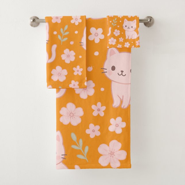 Juego de toallas de gatos y flores rosadas kawaii (In situ)