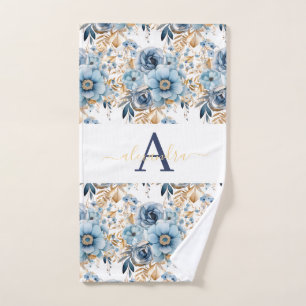 Juego de toallas elegantes con flores azules y dor