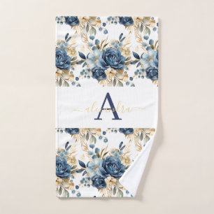 Juego de toallas elegantes con flores azules y dor